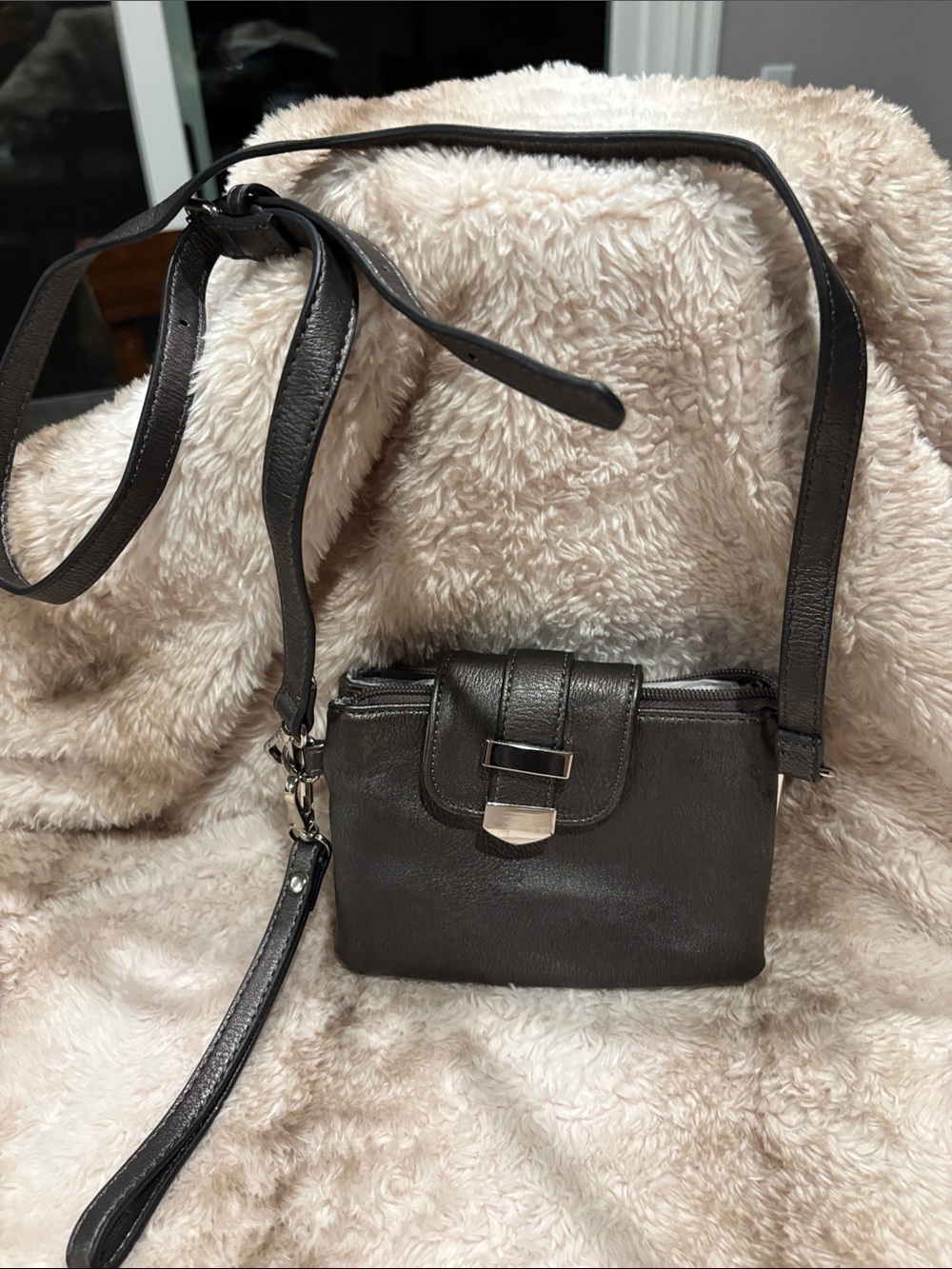 Sleek Charcoal Gray Leather Crossbody with Removable Wristlet
